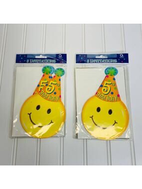 5th Birthday Invitations x 16 NIP Smiley face Party Hat Yellow